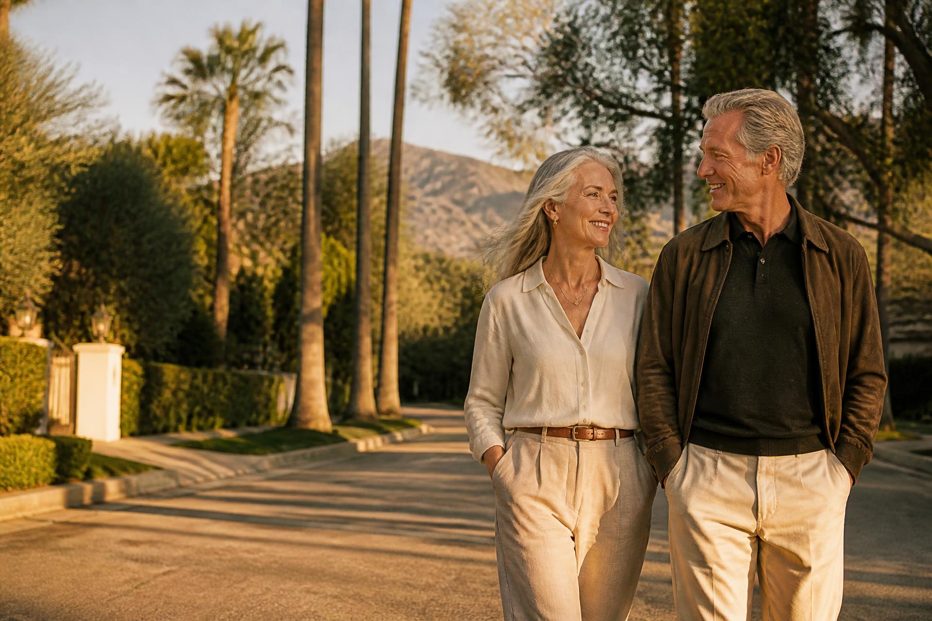 An older couple walking a tree-lined street in the West San Fernando Valley at golden hour