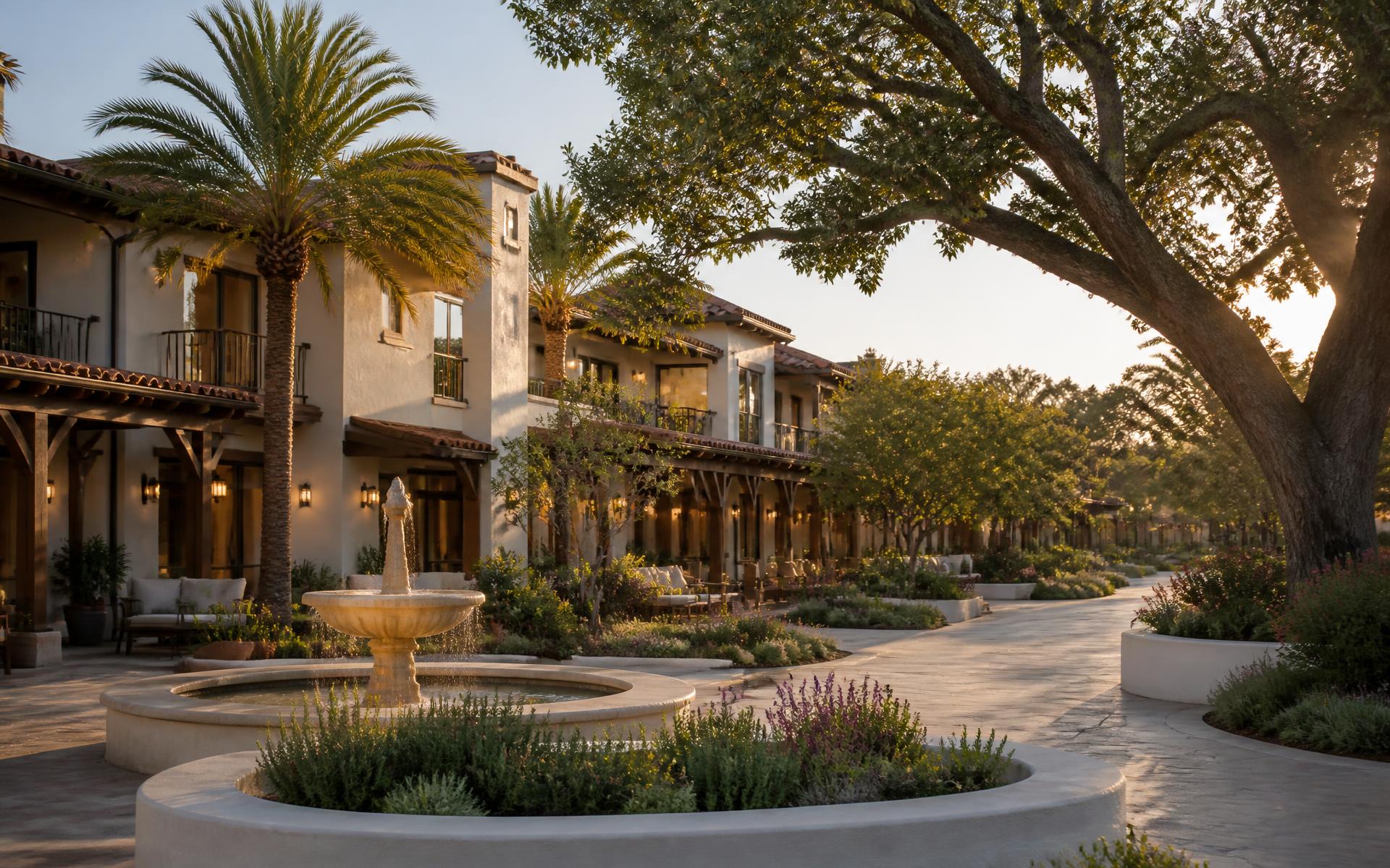 The Village at Northridge — courtyard and residences at golden hour