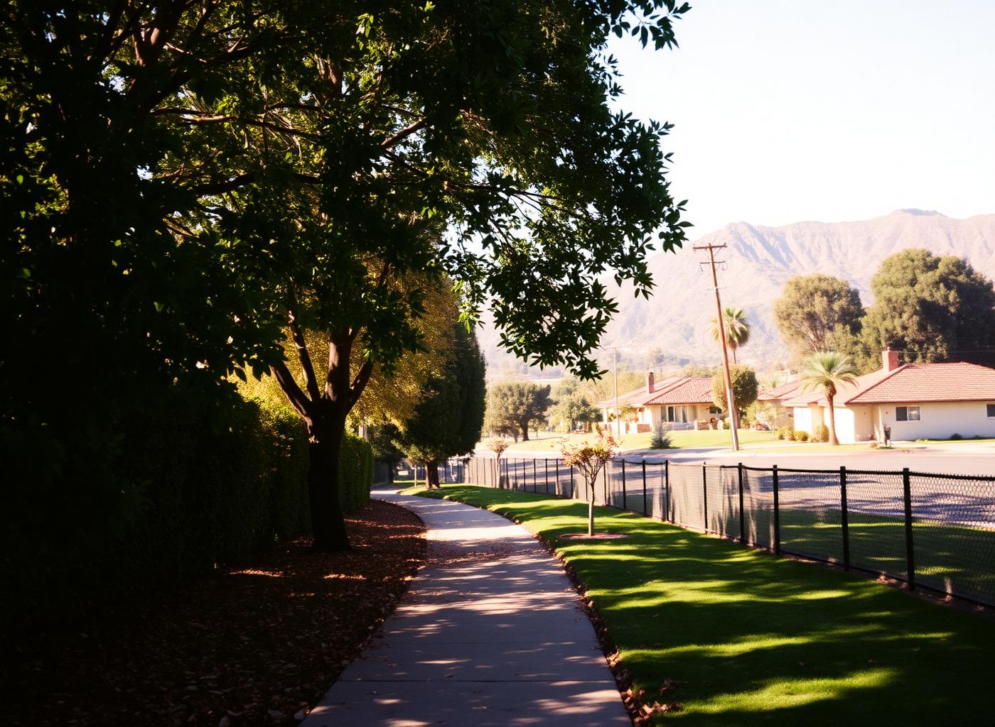 A shaded sidewalk in a Northridge neighborhood with mountains in the distance
